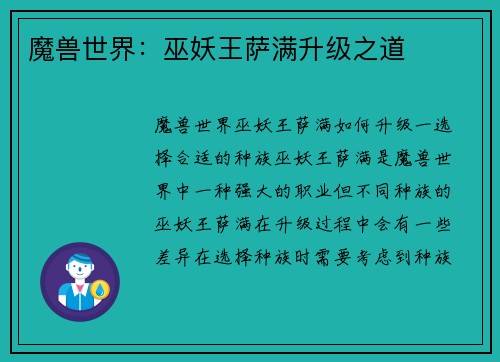 魔兽世界：巫妖王萨满升级之道